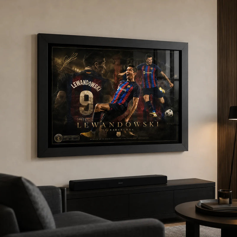 Robert Lewandowski soccer wall art in a black frame styled in a premium living room above a media unit.