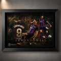 Robert Lewandowski wall art in a black frame, showing a dark FC Barcelona soccer tribute design.