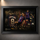Robert Lewandowski wall art in a black frame, showing a dark FC Barcelona soccer tribute design.