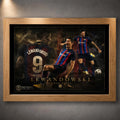 Robert Lewandowski wall art in an oak frame, featuring a dark FC Barcelona soccer tribute design.