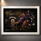 Robert Lewandowski wall art in a white frame, featuring a dark FC Barcelona soccer tribute design.
