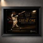 Roberto Clemente The Great One baseball wall art shown in a premium black frame against a softly lit concrete wall.