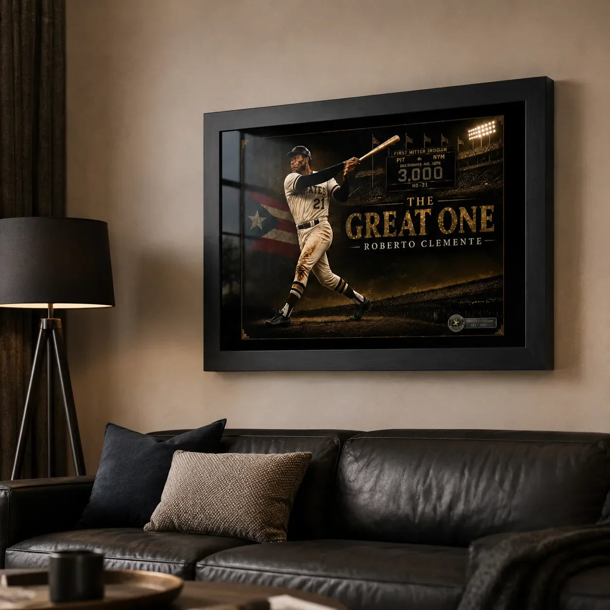 Roberto Clemente The Great One framed baseball wall art displayed in a warm living room above a black leather sofa.