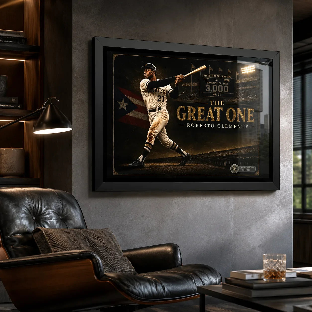 Roberto Clemente The Great One framed baseball wall art mounted in a dark premium man cave with leather seating.