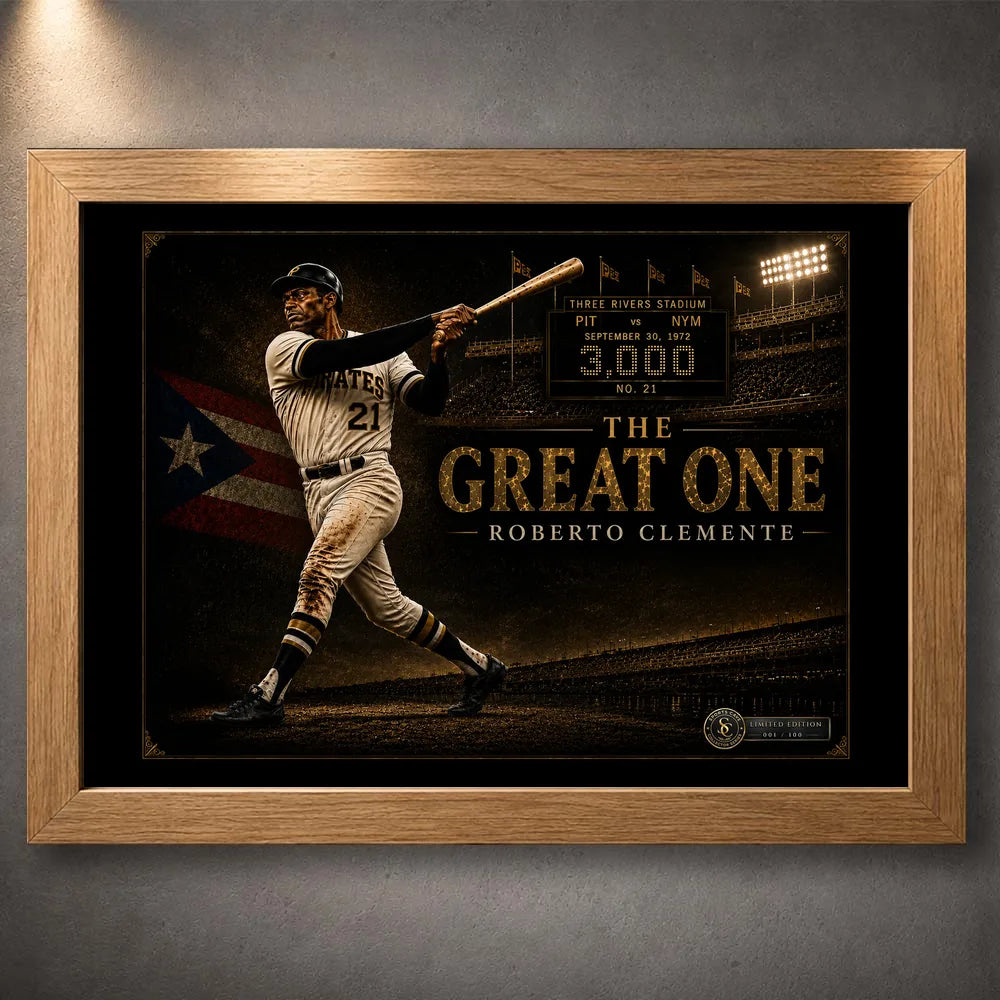 Roberto Clemente The Great One baseball wall art presented in a natural oak frame against a textured gallery wall.