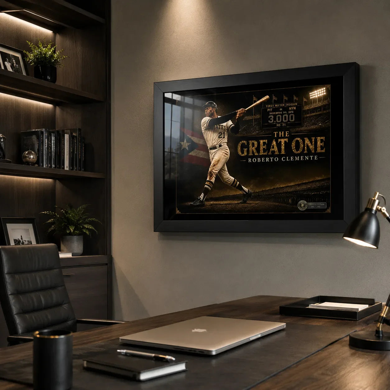 Roberto Clemente The Great One framed baseball wall art displayed in a modern executive office with dark timber furniture.