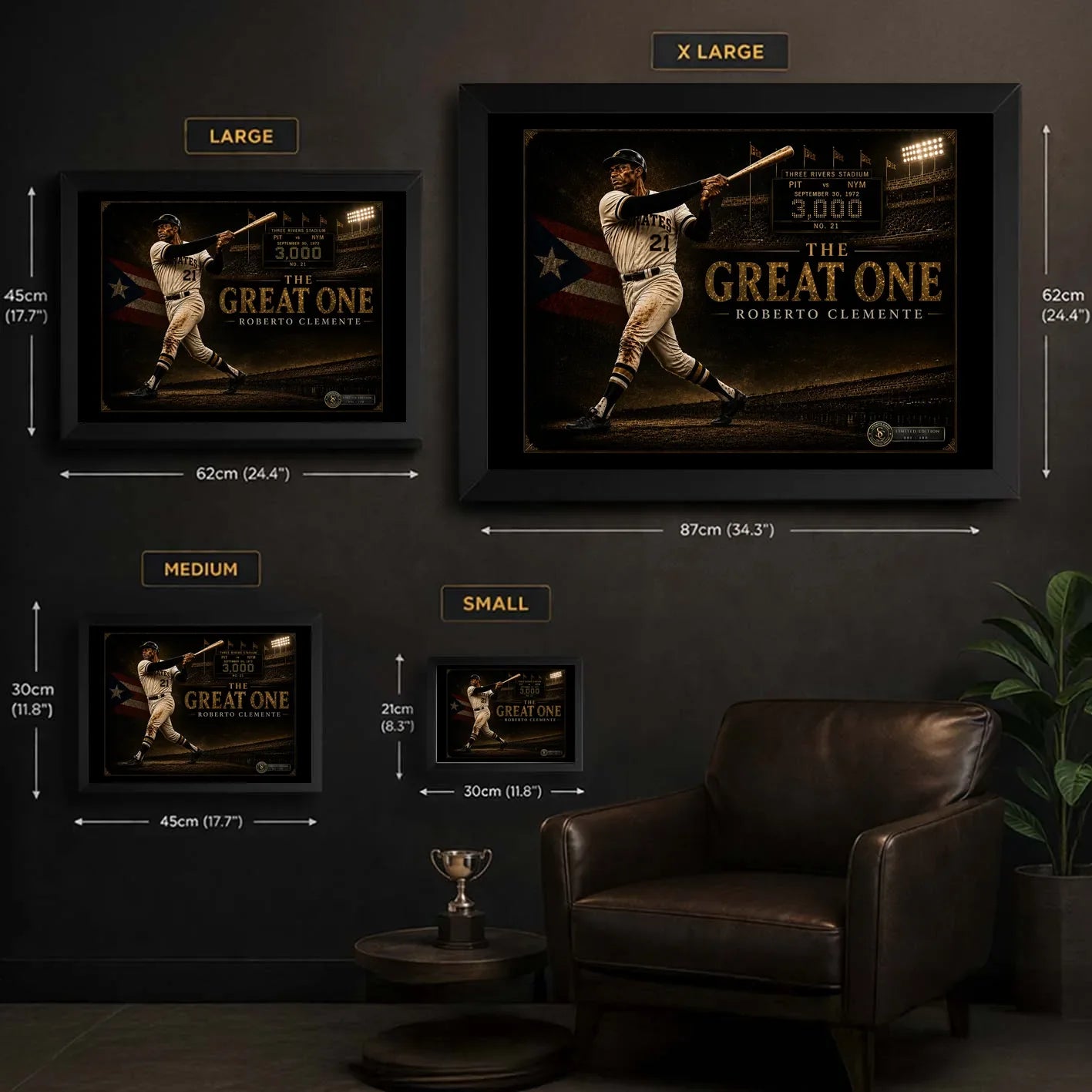 Roberto Clemente The Great One baseball wall art size guide comparing Small Medium Large and XL framed dimensions.