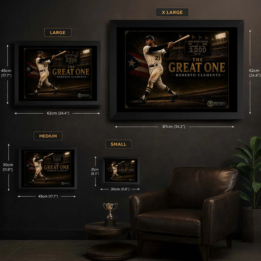Roberto Clemente The Great One baseball wall art size guide comparing Small Medium Large and XL framed dimensions.