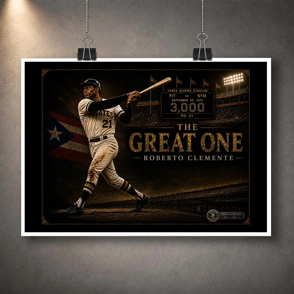 Roberto Clemente The Great One unframed baseball wall art print displayed with a clean white border and hanging clips.