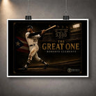Roberto Clemente The Great One unframed baseball wall art print displayed with a clean white border and hanging clips.