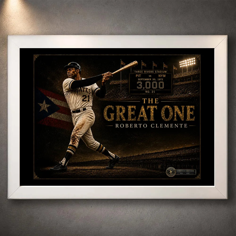 Roberto Clemente The Great One baseball wall art shown in a clean white frame against a softly lit textured wall.