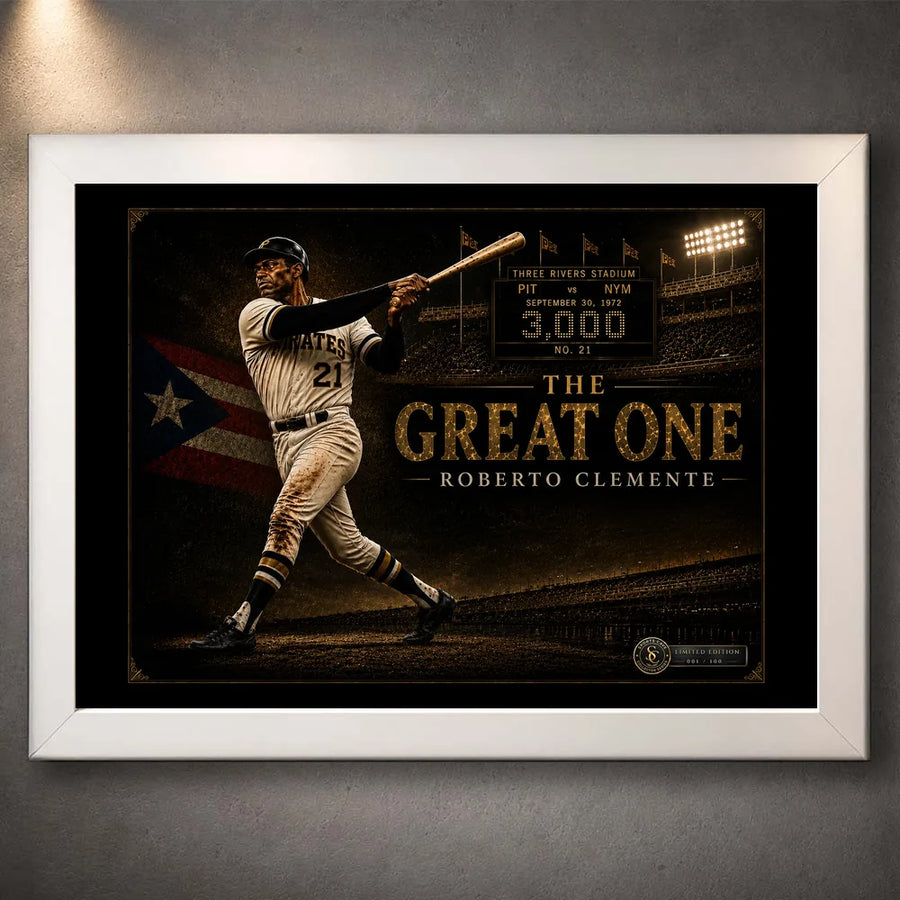 Roberto Clemente The Great One baseball wall art shown in a clean white frame against a softly lit textured wall.
