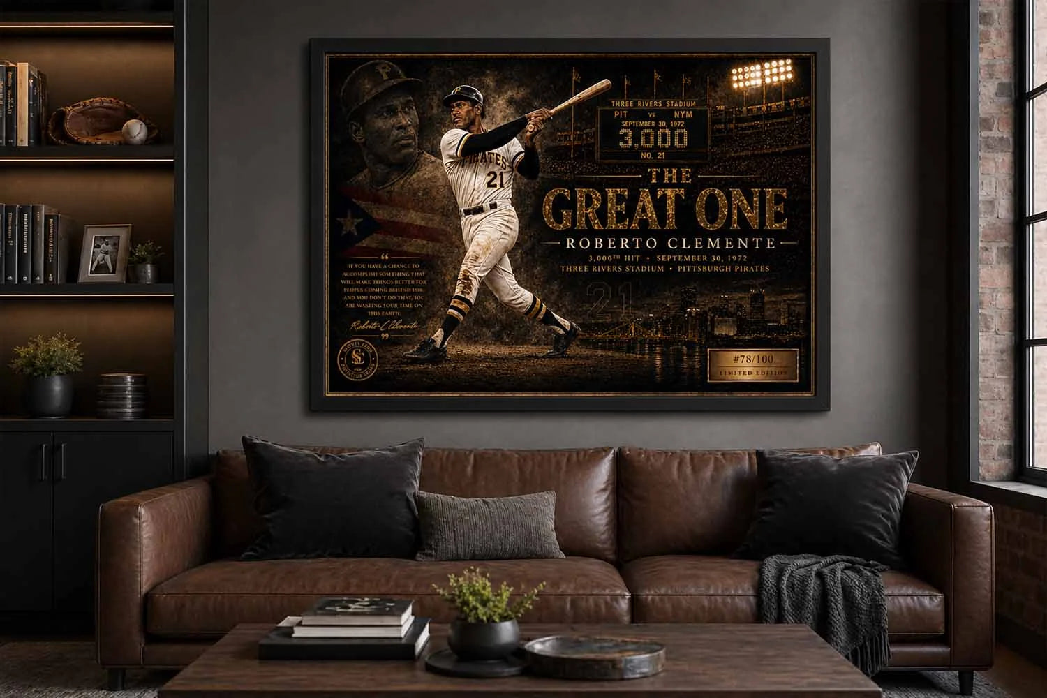 Roberto Clemente framed sports art displayed in a modern man cave with premium Pirates baseball wall décor.