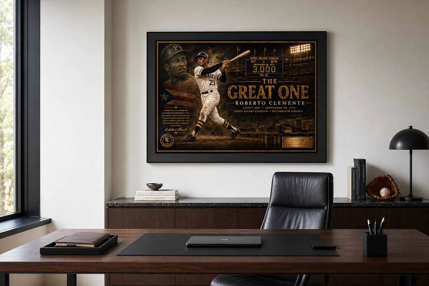 Roberto Clemente framed sports memorabilia shown in a refined office setting with Pittsburgh Pirates artwork.