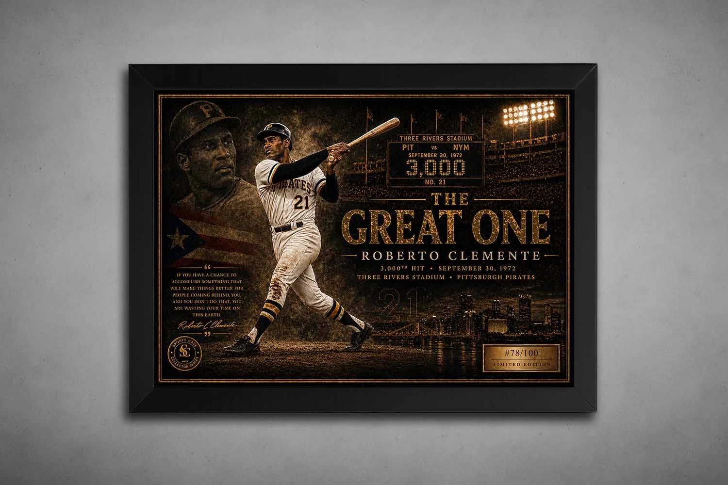 Roberto Clemente black framed sports wall art featuring his Pirates legacy and 3,000th hit milestone artwork.