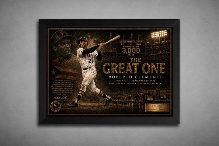 Roberto Clemente black framed sports wall art featuring his Pirates legacy and 3,000th hit milestone artwork.