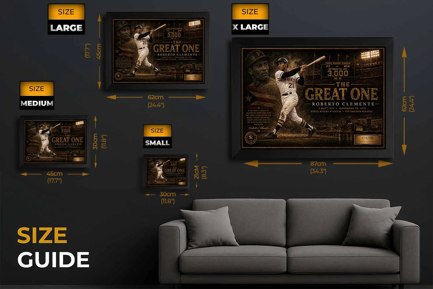 Roberto Clemente sports wall art size guide showing small to extra large framed baseball print options.