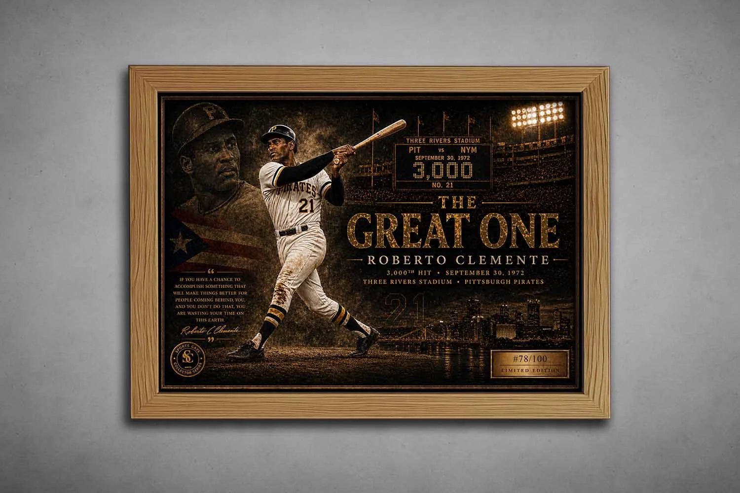 Roberto Clemente oak framed sports wall art honoring his 3,000th hit and Pittsburgh Pirates legacy.