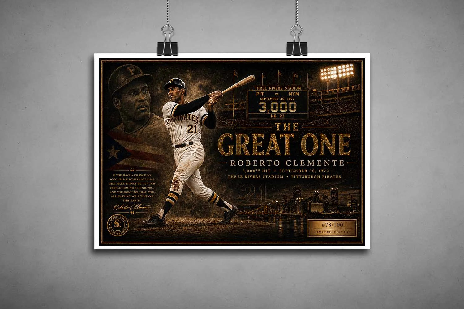Roberto Clemente unframed sports wall art featuring The Great One tribute and limited edition baseball design.