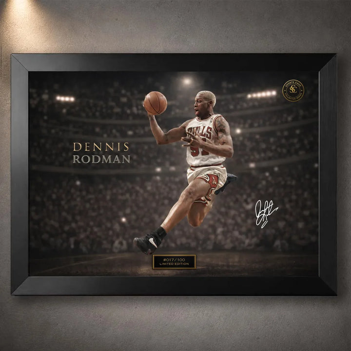 Dennis Rodman basketball wall art in a black frame showing an action artwork with arena background.