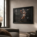 Dennis Rodman basketball wall art displayed in a black frame on a warm neutral living room wall.
