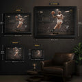 Dennis Rodman framed basketball wall art size guide showing Small, Medium, Large and XL frame dimensions.