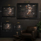 Dennis Rodman framed basketball wall art size guide showing Small, Medium, Large and XL frame dimensions.