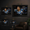 Rodri Manchester City framed sports wall art sizing guide showing small, medium, large and extra large options.