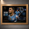Rodri Manchester City premium sports collectibles artwork displayed in an elegant oak wood frame mockup.