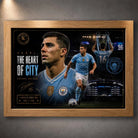 Rodri Manchester City premium sports collectibles artwork displayed in an elegant oak wood frame mockup.