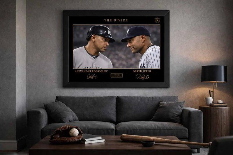 Modern man cave wall décor featuring The Divide framed sports art of Yankees icons Alex Rodriguez and Derek Jeter.