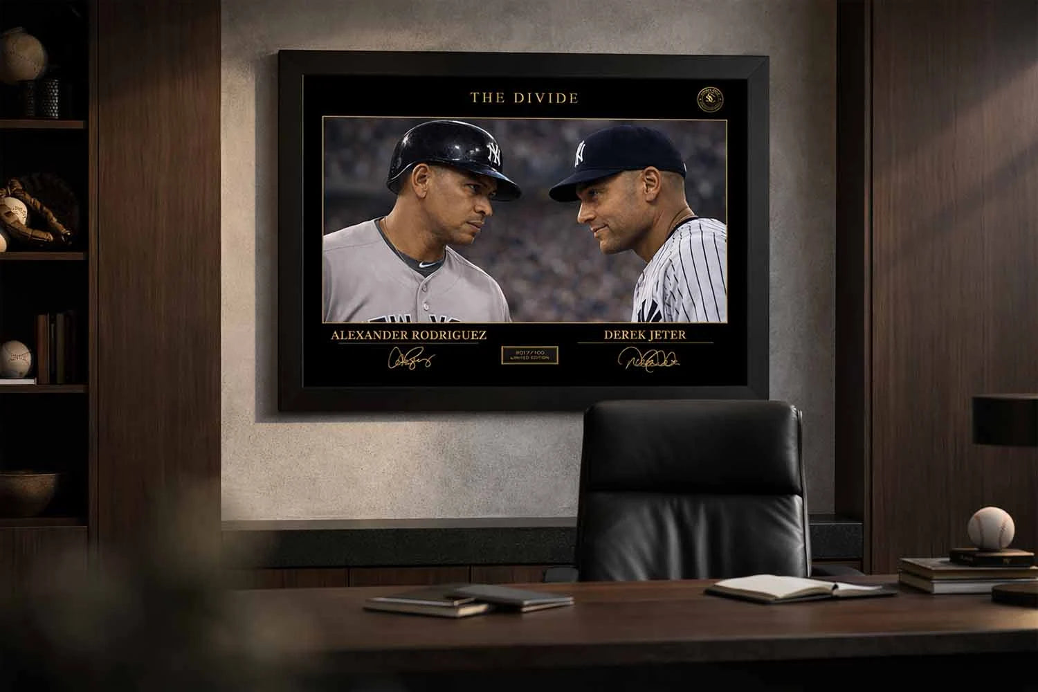 Executive office setting with framed sports memorabilia of Alex Rodriguez and Derek Jeter from The Divide rivalry.