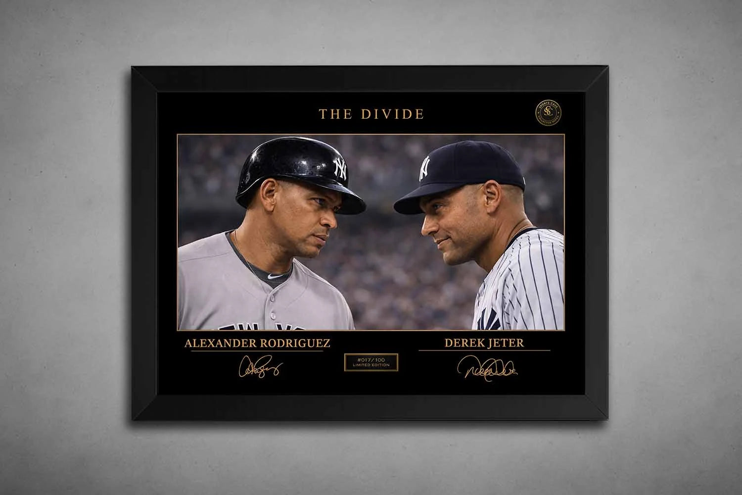 A black frame highlights The Divide rivalry between Alex Rodriguez and Derek Jeter, framed sports memorabilia for collectors.