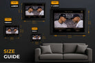 Size guide showing framed sports art of Yankees stars Alex Rodriguez and Derek Jeter in The Divide rivalry across dimensions.