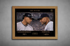 An oak frame showcases The Divide artwork of Yankees legends Alex Rodriguez and Derek Jeter, premium sports collectibles.
