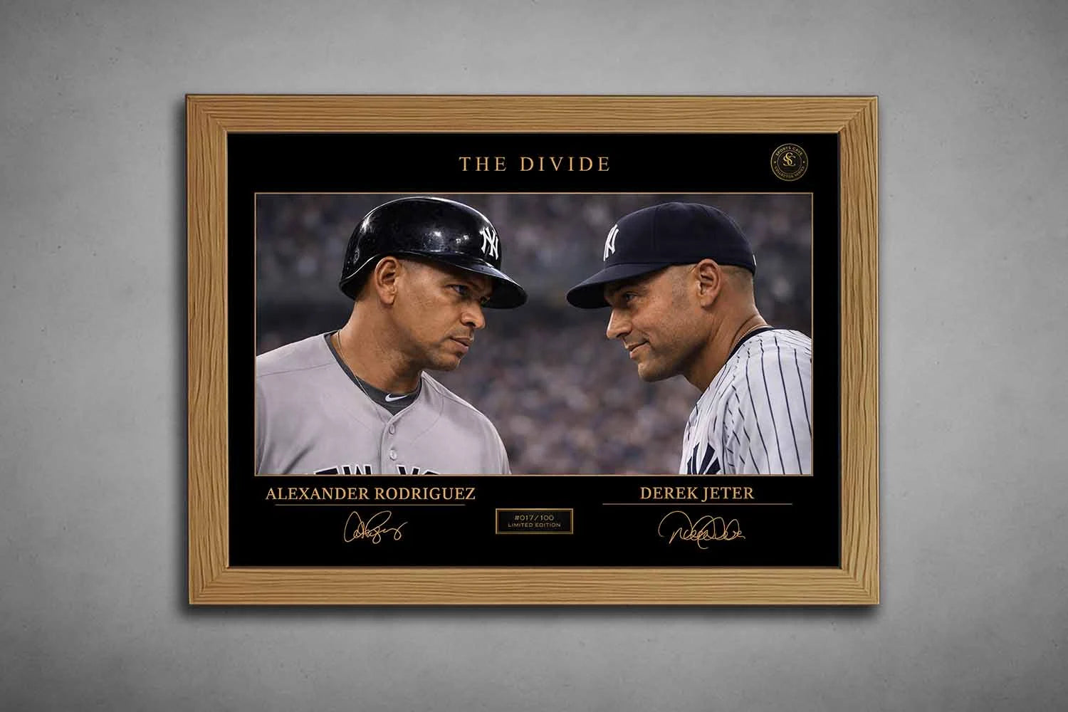 An oak frame showcases The Divide artwork of Yankees legends Alex Rodriguez and Derek Jeter, premium sports collectibles.