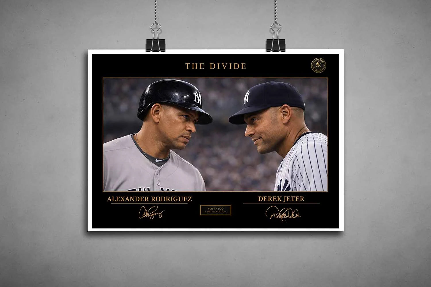 Unframed The Divide artwork of Alex Rodriguez and Derek Jeter, limited edition sports prints for dedicated collectors.