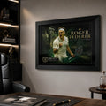 Premium office lifestyle mockup with framed tennis wall art, shelving and desk setting.