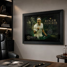 Premium office lifestyle mockup with framed tennis wall art, shelving and desk setting.