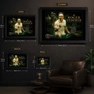 Framed tennis wall art size guide showing S, M, L and XL options with cm and inch measurements.