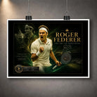 Unframed tennis wall art print hanging with clips on a textured grey wall.