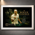 Tennis wall art shown in a white frame with black matting on a textured grey wall.