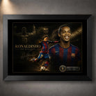 Ronaldinho wall art in a black frame, showing the football legend in a dark collector-style design.