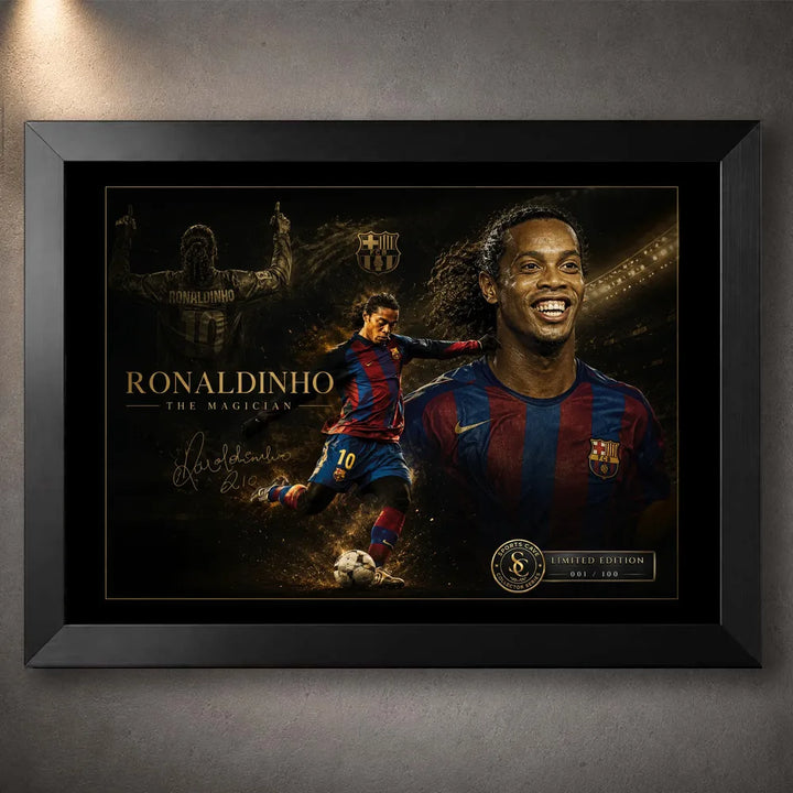 Ronaldinho wall art in a black frame, showing the football legend in a dark collector-style design.