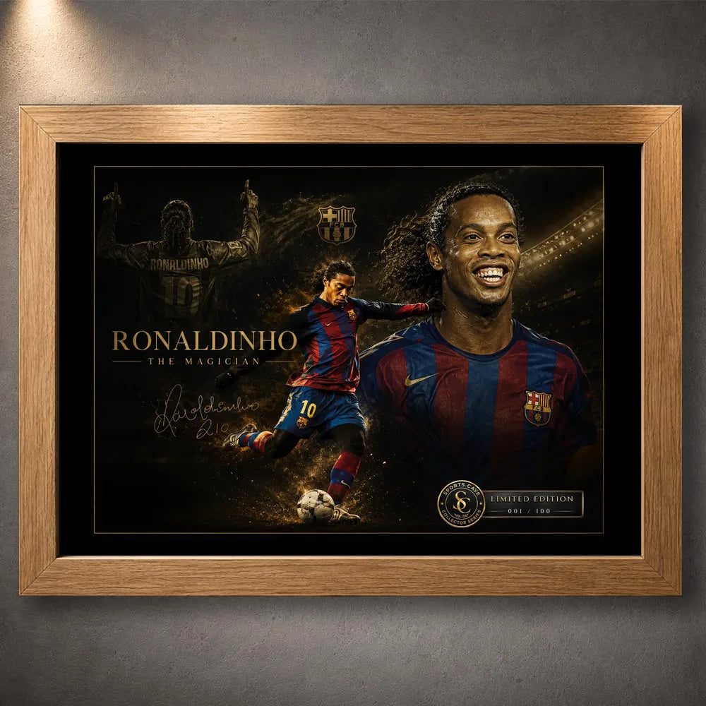 Ronaldinho wall art in an oak frame, showing the football legend in a dark Barcelona-inspired design.