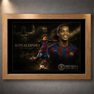 Ronaldinho wall art in an oak frame, showing the football legend in a dark Barcelona-inspired design.