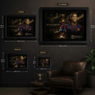 Ronaldinho framed wall art size guide showing small, medium, large and XL frame dimensions.