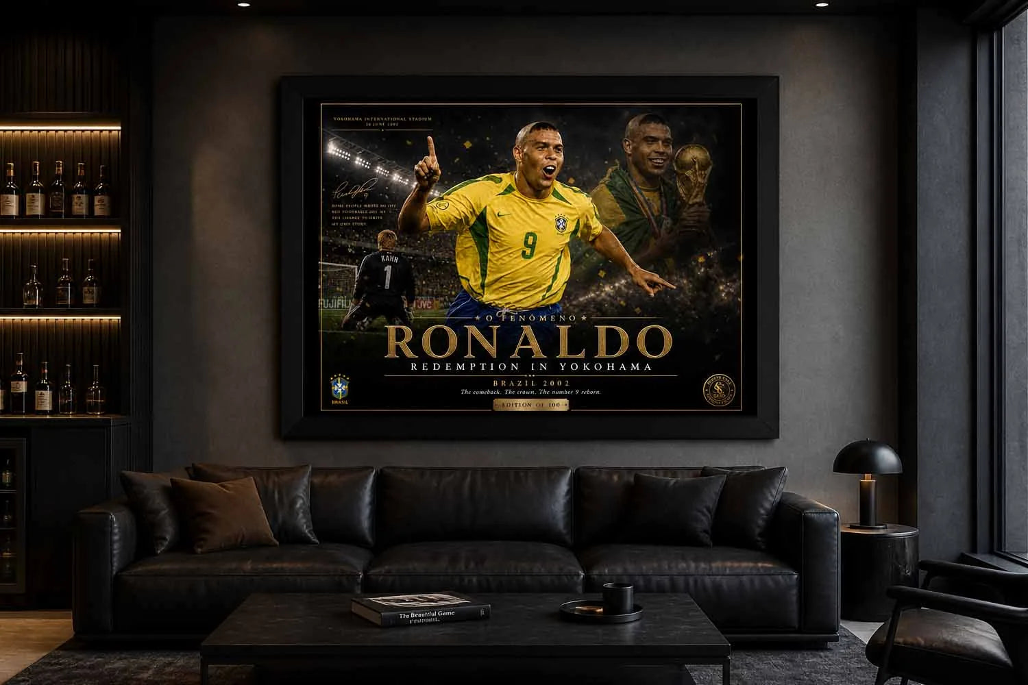 Ronaldo Nazário Brazil 2002 framed sports wall art displayed in a luxury modern man cave interior setting.