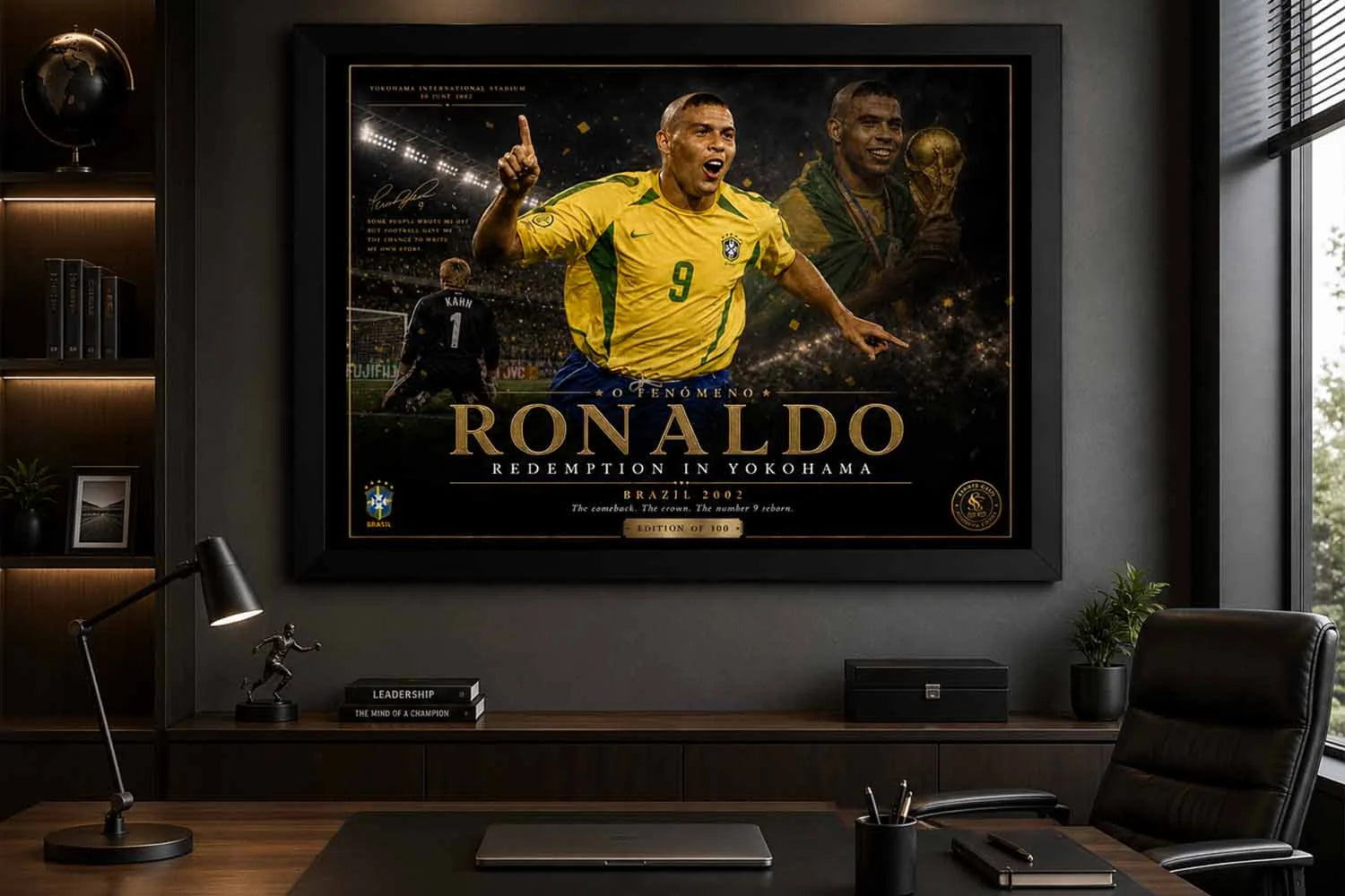 Ronaldo Nazário Redemption in Yokohama office display featuring framed sports memorabilia and Brazil 2002 art.