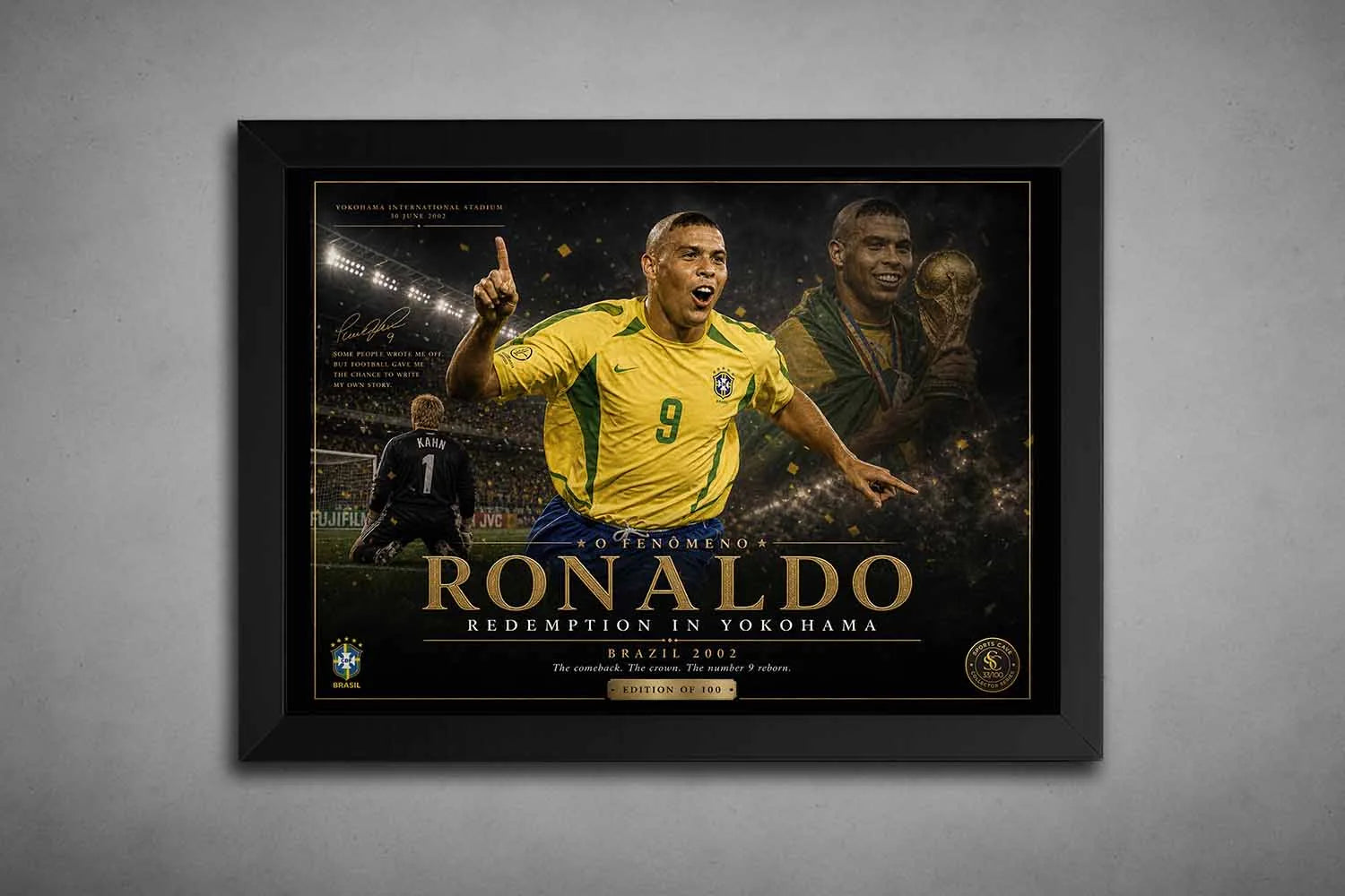 Black framed Ronaldo Nazário Brazil 2002 artwork celebrating World Cup glory with premium sports collectibles.